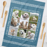 Stylish Custom Text Photo Collage Dogs Blue Kitchen Towel<br><div class="desc">Create a beautiful personalized kitchen towel with nine of your favorite photos and framed with the words 'Home is where my dog is''. This design features a classic white type on a stylish blue background and the text can be customized if you prefer something different. A versatile template that is...</div>