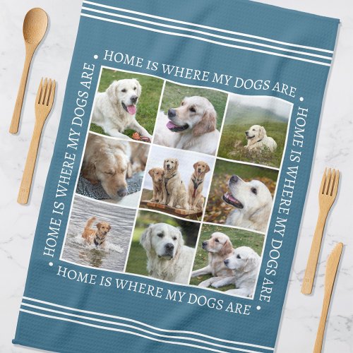 Stylish Custom Text Photo Collage Dogs Blue Kitchen Towel