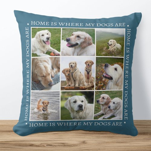 Stylish Custom Text Photo Collage Dogs Blue Throw Pillow
