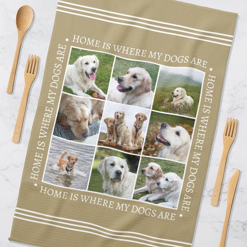 Stylish Custom Text Photo Collage Dogs Gold White Kitchen Towel