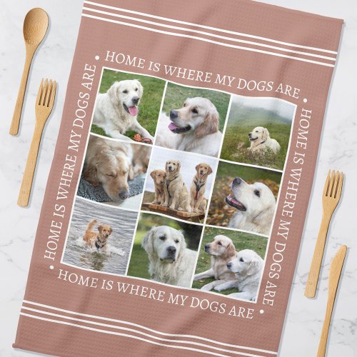 Stylish Custom Text Photo Collage Dogs Terracotta Kitchen Towel