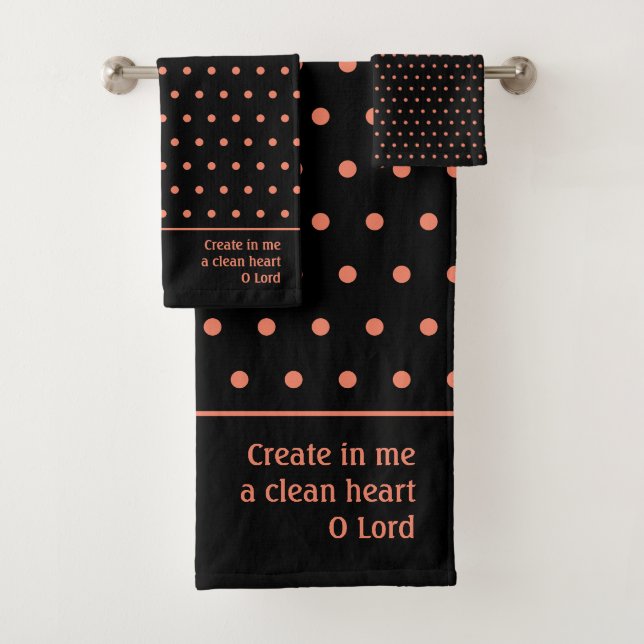 Stylish Customizable SALMON Polka Dot Black Bath Towel Set (Insitu)
