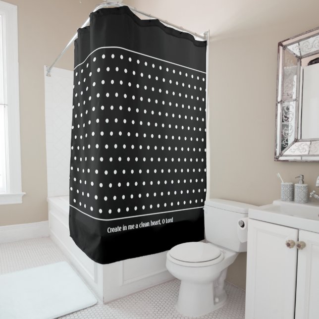 Stylish Customizable WHITE Polka Dot Black Shower Curtain (In Situ)