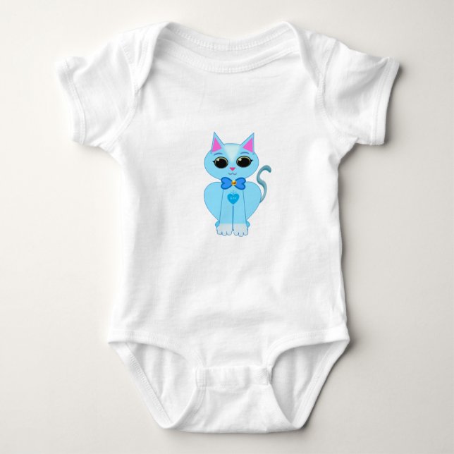 Stylish cute light blue kitty cat baby bodysuit (Front)