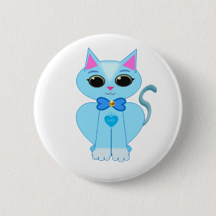 Stylish cute light blue kitty cat pinback button
