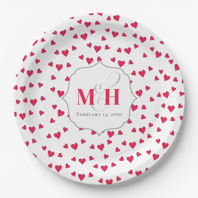 Stylish Cute Monogram Whimsical Simple Hearts   Paper Plates (Front)