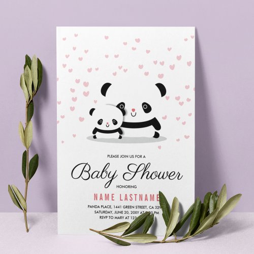 Stylish Cute Panda Bear Girl Baby Shower Invite
