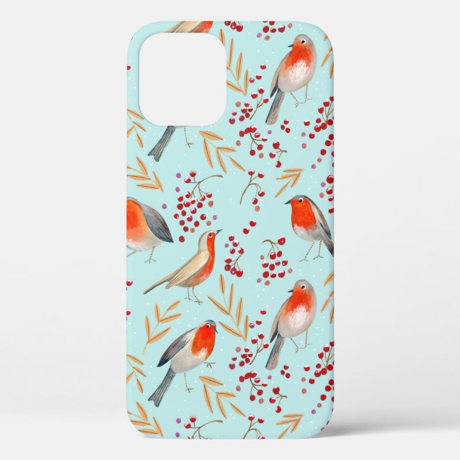 Stylish cute red blue naturerobin birds pattern iPhone 12 case