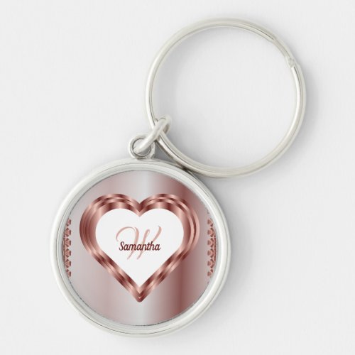 Stylish Cute Rose Gold Geometric Heart Monogrammed Keychain