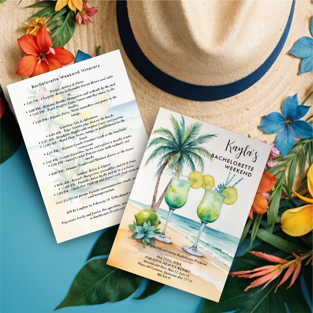 Stylish Cute tropical Margarita Cocktail Glasses  Invitation (Stylish Cute Tropical Margarita Cocktail Glasses Elegant Bachelorette Party Weekend Invitations Card)