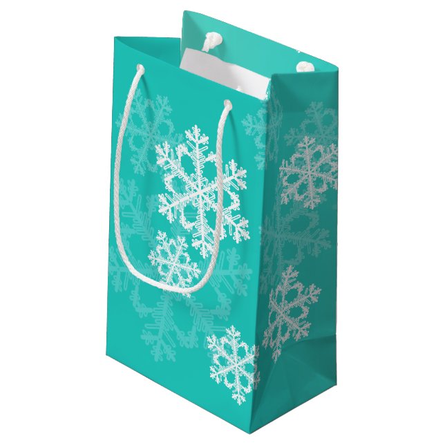 Stylish Cyan Snowflakes Modern Christmas pattern Small Gift Bag (Back Angled)