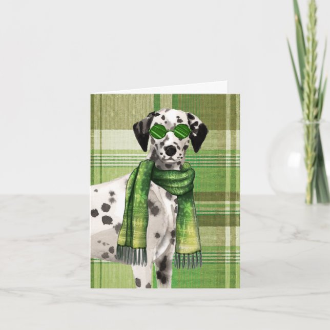Stylish Dalmatian Dog with Green Plaid Holiday Card (Front)