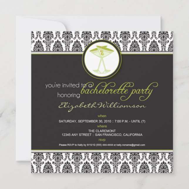 Stylish Damask Bachelorette Invite (lime) (Front)