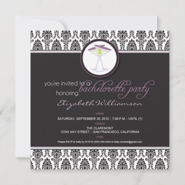 Stylish Damask Bachelorette Invite (purple) (Front)