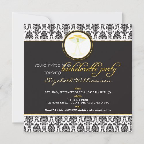 Stylish Damask Bachelorette Invite (yellow)