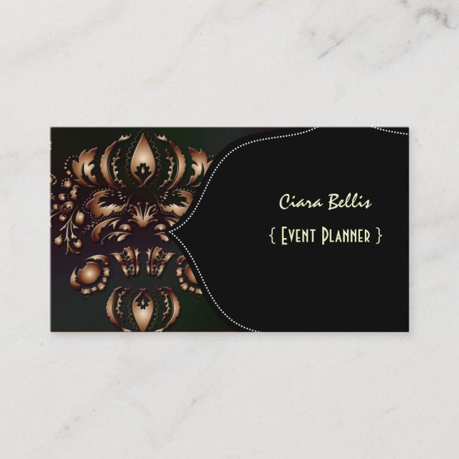Stylish damask, black+bronze business card (Front)