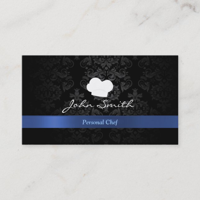 Stylish Damask Blue Ribbon Chef Business Card (Front)