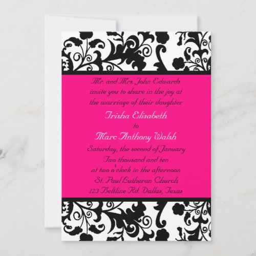 Stylish Damask  Bright Pink Wedding Invitation