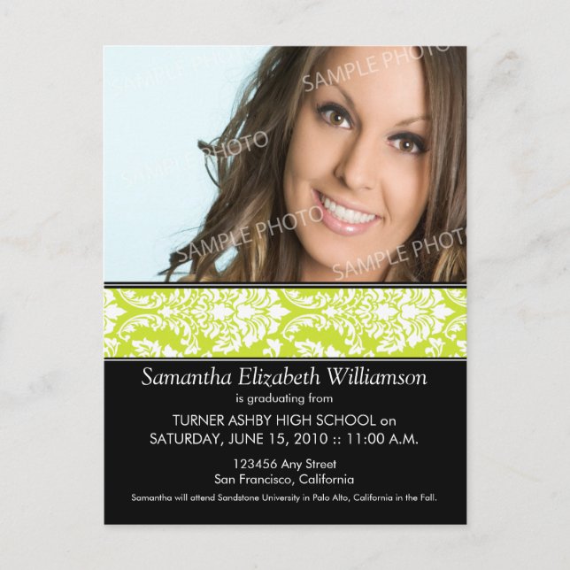 Stylish Damask Graduation Announcement (lime) 3 (Front)