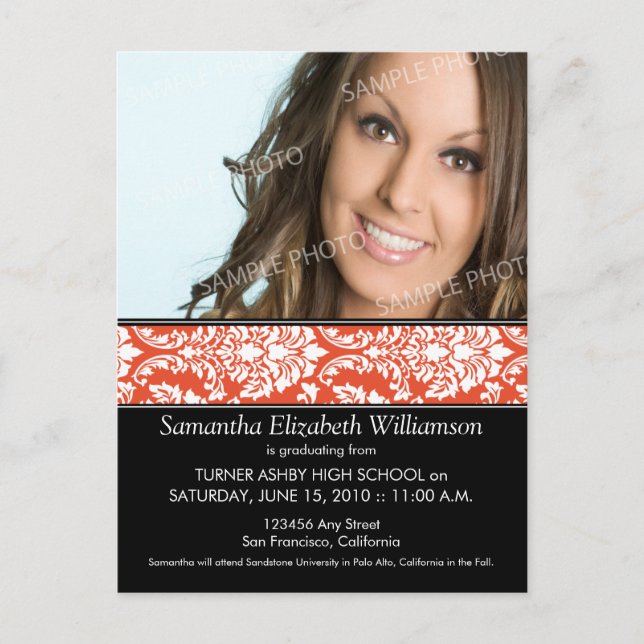Stylish Damask Graduation Announcement (orange) 3 (Front)