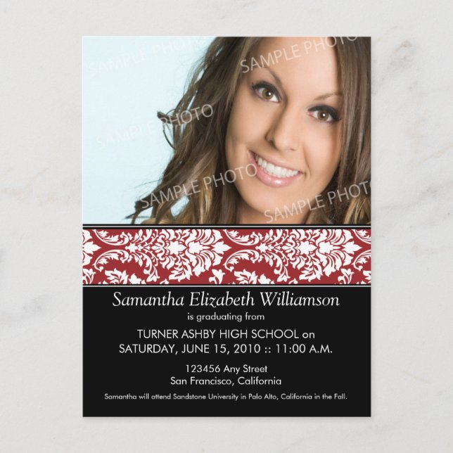 Stylish Damask Graduation Announcement (red) 3 Postcard (Front)