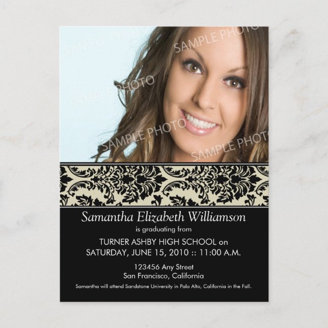 Stylish Damask Graduation Announcement (taupe) (Front)
