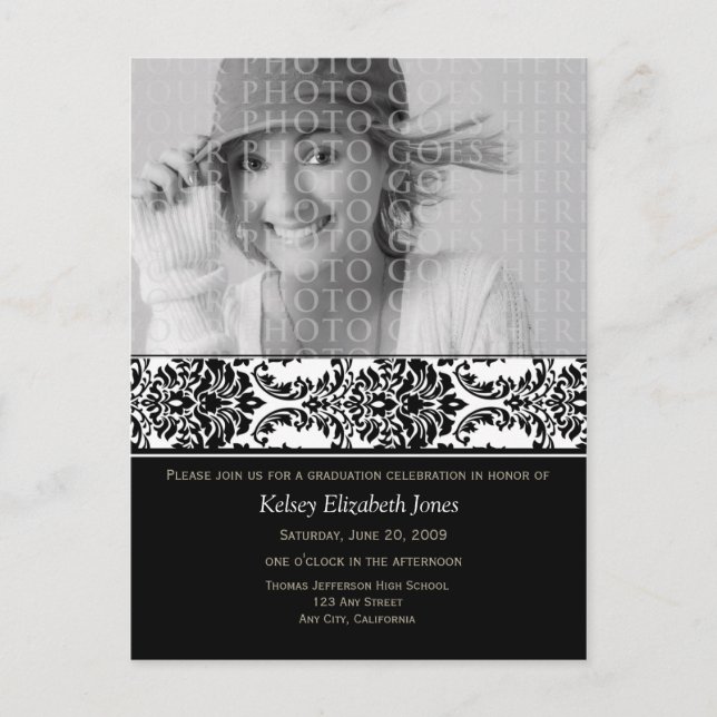 Stylish Damask Graduation Invitation Postcard (Front)