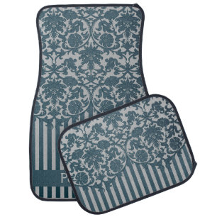 Stylish Damask Print in Gray & Blue Personalize Car Floor Mat