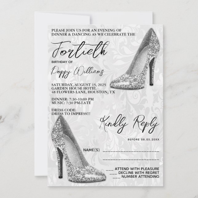 Stylish Damask, Silver Stilettos 40th Birthday Invitation (Front)