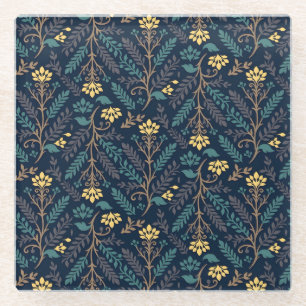 Stylish Dark Blue Fabric Pattern with Floral Glass Coaster
