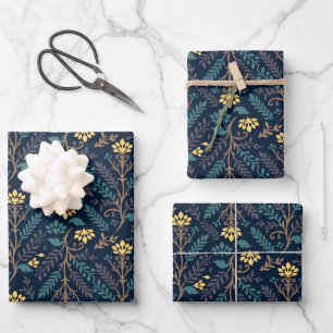 Stylish Dark Blue Fabric Pattern with Floral  Wrapping Paper Sheets