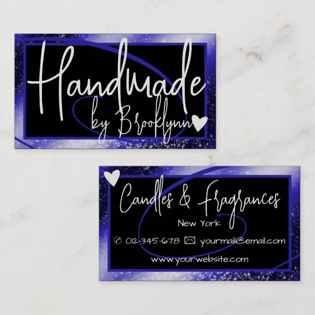 Stylish Dark Blue Frame Heart Handmade by Name  Business Card (Front/Back)
