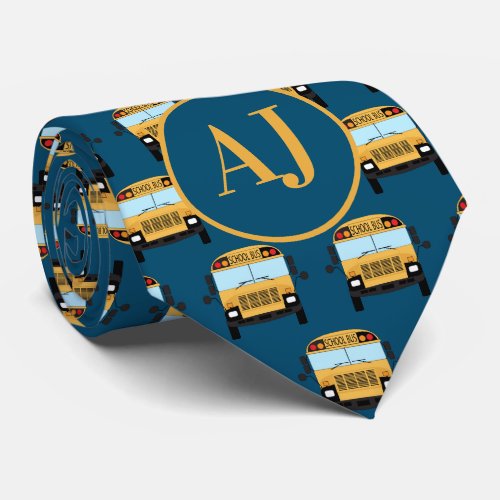 Stylish Dark Blue Monogrammed School Bus Driver Neck Tie