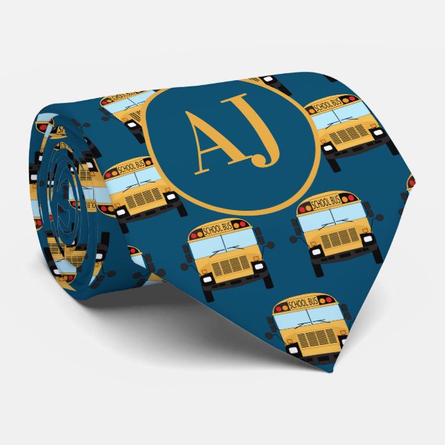 Stylish Dark Blue Monogrammed School Bus Driver Neck Tie (Rolled)