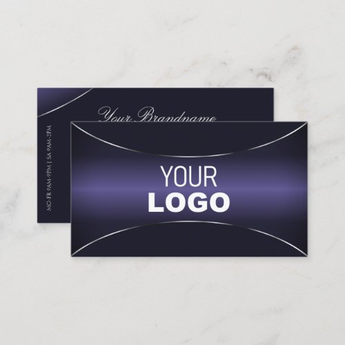 Stylish Dark Blue with Chic Silver Border and Logo Business Card