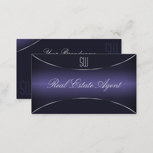 Stylish Dark Blue with Silver Border and Monogram Business Card