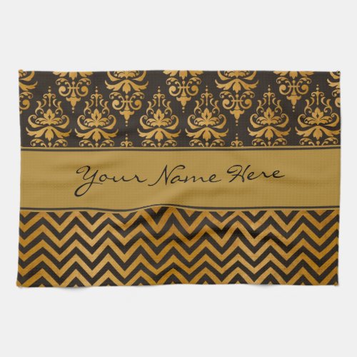 Stylish Dark Brown and Gold Damask and Chevrons Towel