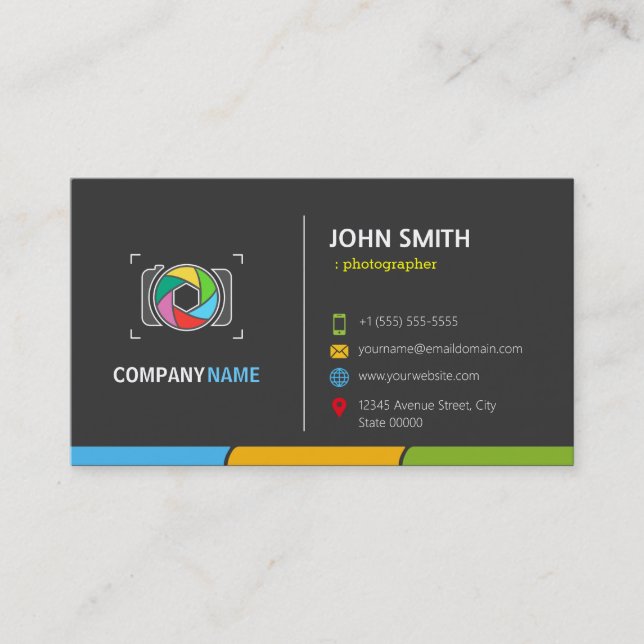 Stylish Dark Colorful Camera Symbol Business Card (Front)