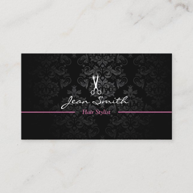 Stylish Dark Damask Hair Stylist Business Card v2 (Front)