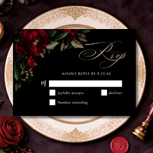Stylish dark gothic red green floral moody wedding RSVP card