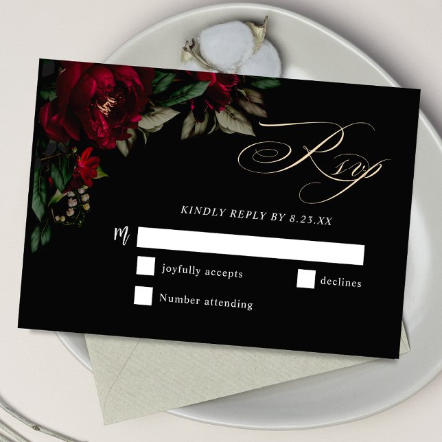 Stylish dark gothic red green floral moody wedding RSVP card (Creator Uploaded)