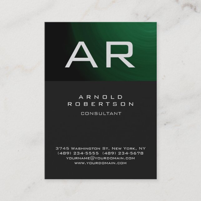 Stylish Dark Gray Green Monogram Business Card (Front)