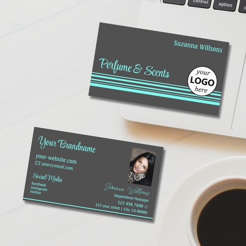 Stylish Dark Gray Teal Stripes with Logo and Photo Business Card