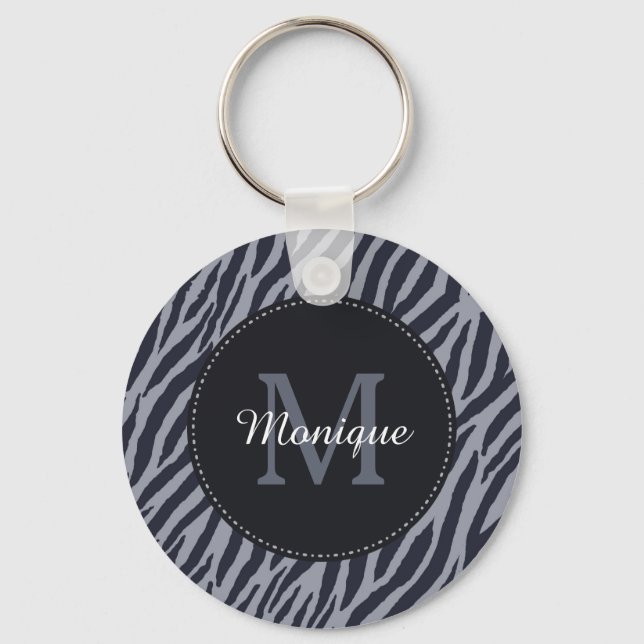 Stylish Dark Gray Zebra Print Monogram and Name Keychain (Front)