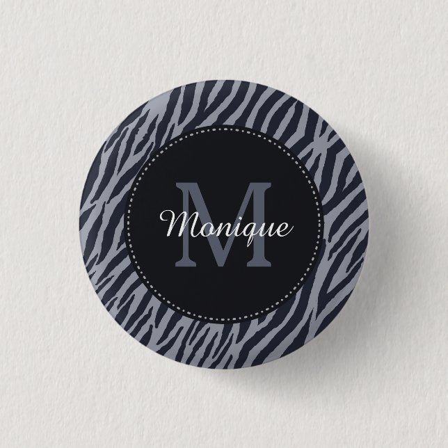 Stylish Dark Gray Zebra Print Monogram and Name Pinback Button (Front)