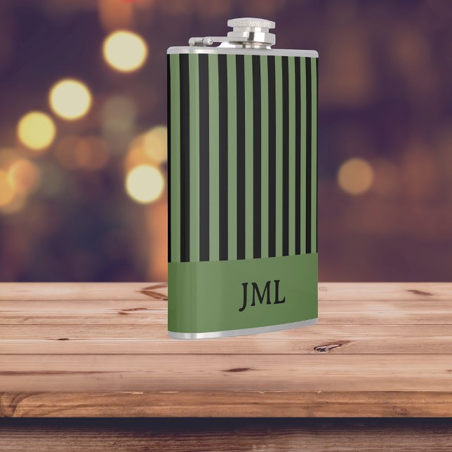Stylish Dark Green and Black Stripes Monogram  Flask (Creator Uploaded)