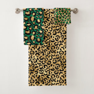 Stylish Dark Green and Gold Foil Leopard Spots Bath Towel Set