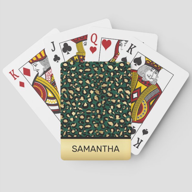 Stylish Dark Green and Gold Foil Leopard Spots Poker Cards (Back)