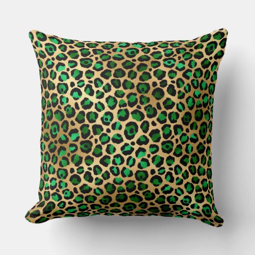 Stylish Dark Green and Gold Foil Leopard Spots Throw Pillow