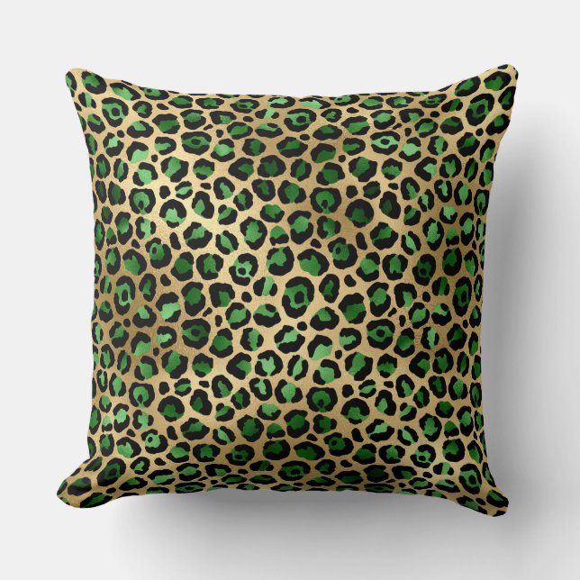 Stylish Dark Green and Gold Foil Leopard Spots Throw Pillow (Front)
